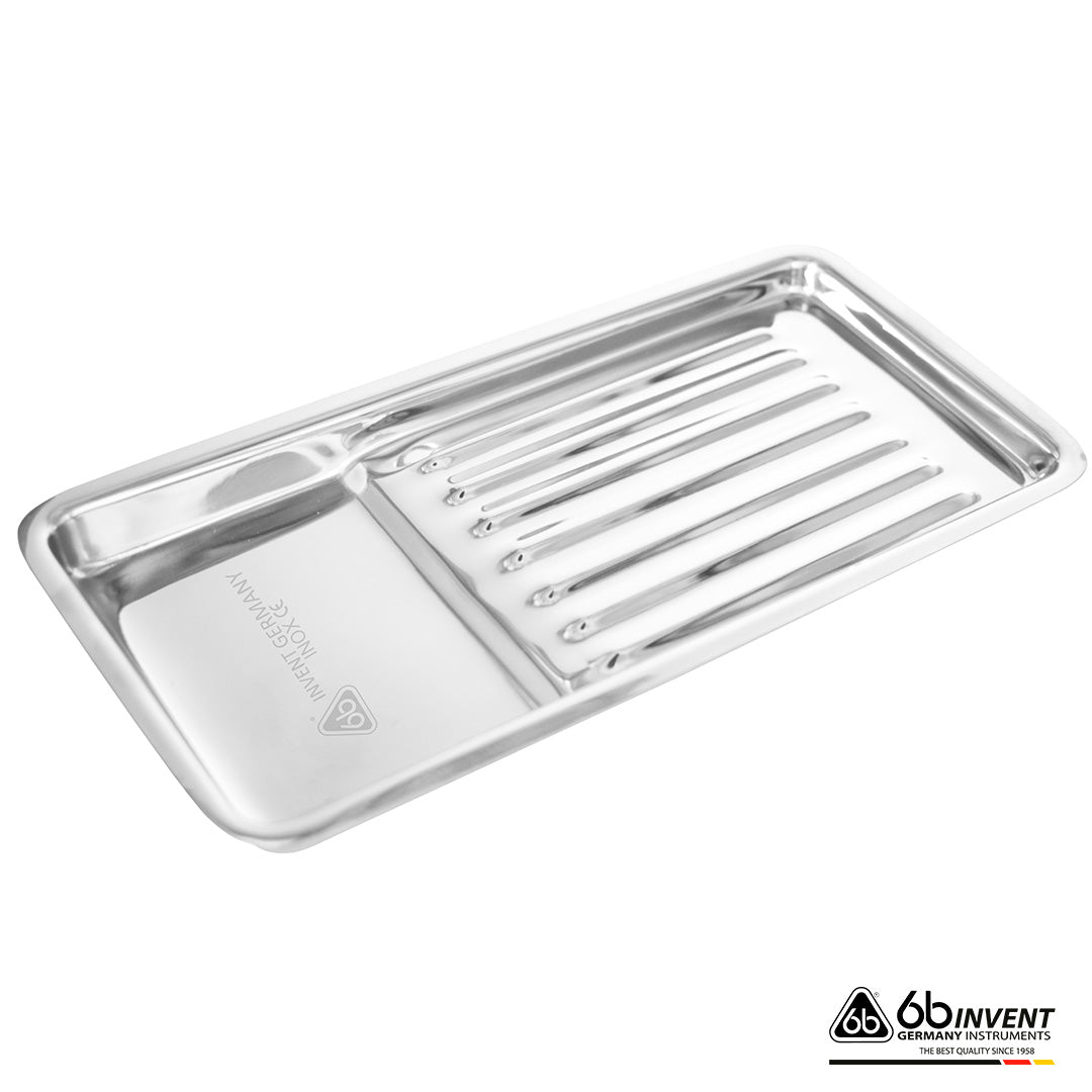 TOOL TRAY – STAINLESS STEEL GROOVED WITH COMPARTMENT (20 × 10 × 2 CM)